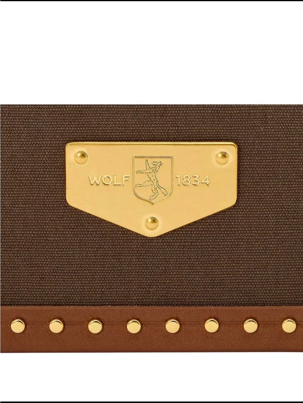 WOLF Brown and Tan Jewelry Travel Case with Gold Hardware